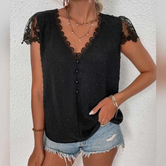 New Boho Embroidered Lace V Neck Top Blouse Swiss Dot Black - Picture 4 of 8